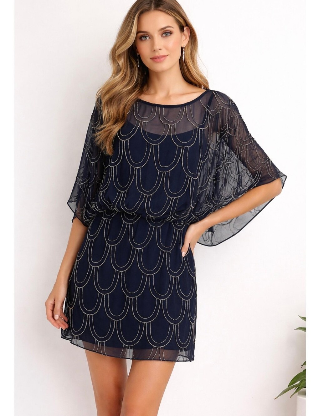 Navy Blue Scalloped Beaded Blouson Capelet Mini Dress Size 8-12